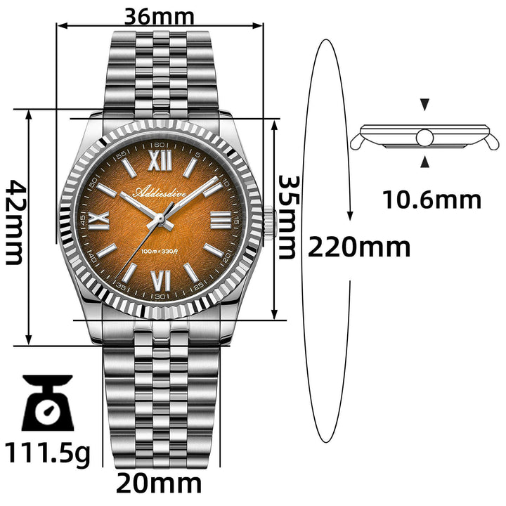 ADDIESDIVE AD2512 mit eingezeichneten Maßen: 36 mm Gehäusedurchmesser, 42 mm Lug-to-Lug und 10,6 mm Höhe